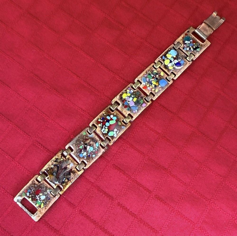 Vtg Enamel Copper Bracelet 7.5” Mid Century Abstract Confetti 8 Panel MCM Art