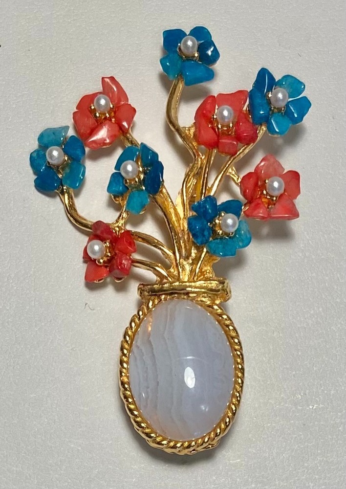 AUTHENTIC SWOBODA FLOWER VASE BROOCH ~ LACE AGATE, HOWLITE, PEARL ~ GORGEOUS!