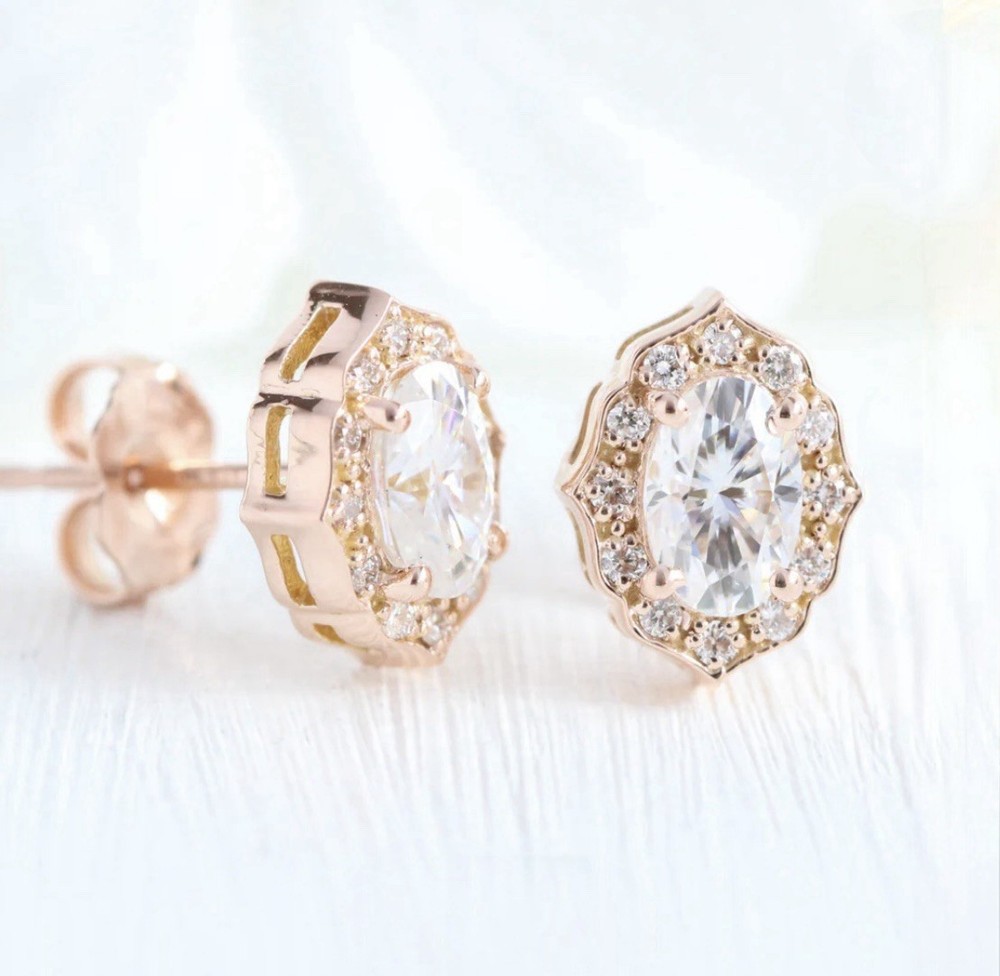 Vintage Moissanite Stud Earrings Rose Gold Scalloped Halo Setting Bridal Gift