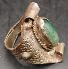 Alpaca Artisan Metalwork Sz. 9 Adjustable Green Gemstone Silvertone Ring Unique