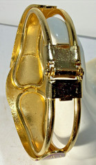 Cloisonne Enamel Bracelet Hinged Bangle Push-in Clasp Floral on Black