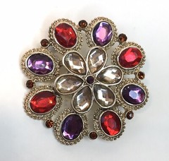 Colorful Purple Red White Rhinestone Brooch Silver Tone Flower Pin
