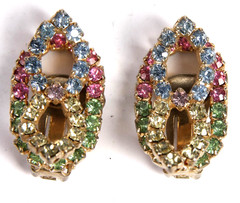 Vintage Multicolor Rhinestone Climber Clip On Earrings & Choker Necklace Set