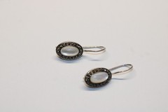 Vintage Sterling Silver 925 FAS Oval Mother Of Pearl Marcasite Earrings #236