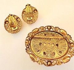 West Germany Gold Filigree Enamel Ruby Red & Pink Rhinestone Brooch & Earrings