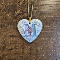 Vintage Ceramic Porcelain Heart Pendant Necklace Floral Letter Initial M Cottage