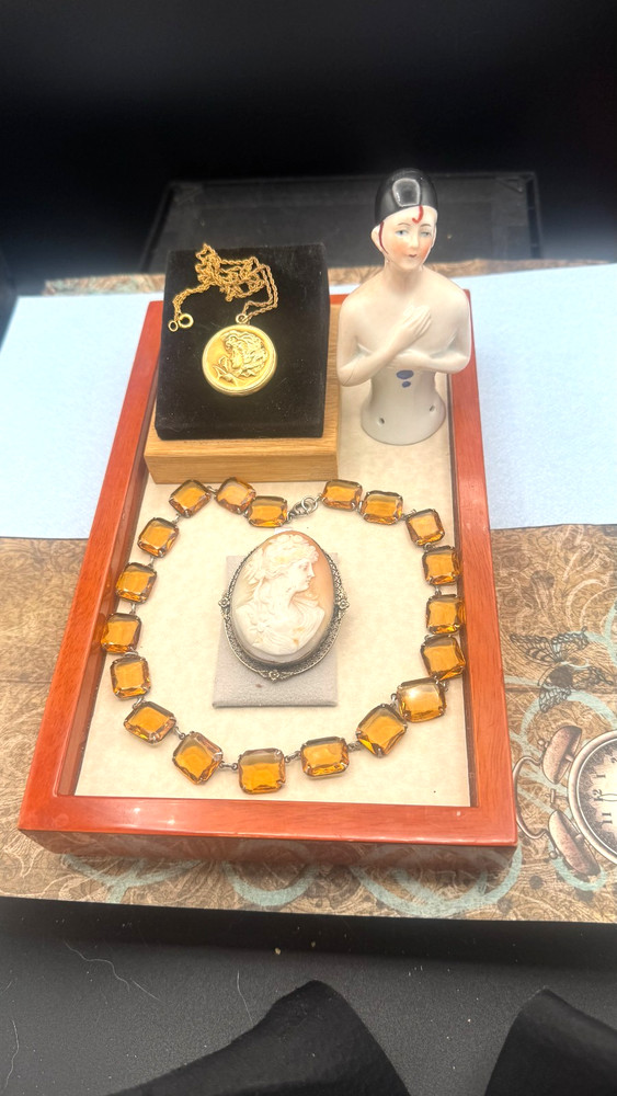 Antique fine Art Nouveau Lady locket jewelry lot Lg cameo Art Deco necklace doll