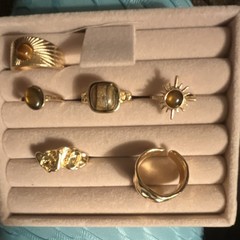 Mixed Lot 5 Gold Tone Rings w/ Brown Cabochon Stones Sunburst Design