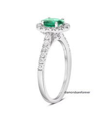 Simulated Green 0.68CT Emerald & White Moissanites 10K White Gold FN Halo Ring