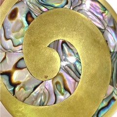 Modern Art Brooch Pendant Brass swirl & abalone shell Boho statement jewelry