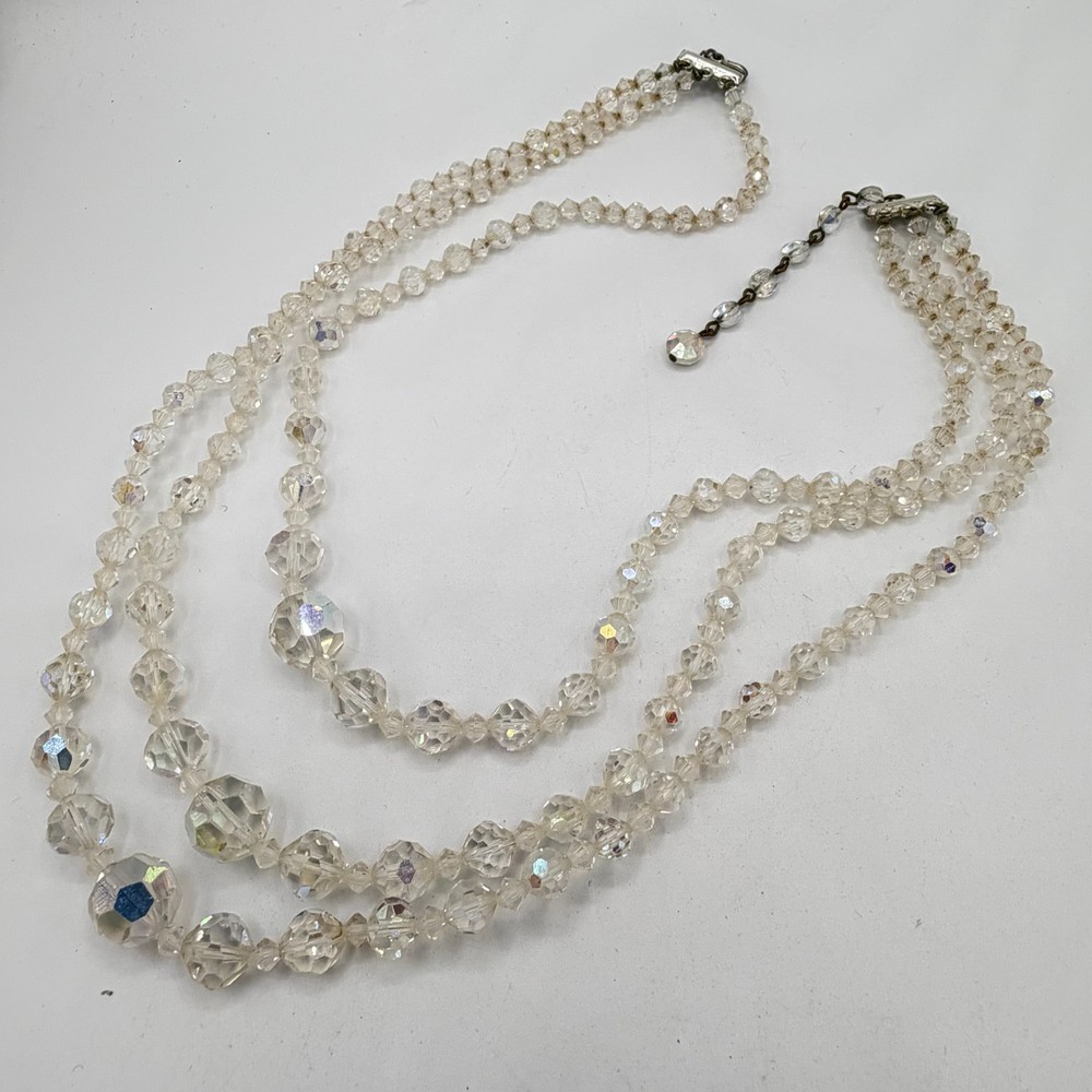 Vintage Triple Strand Cut Glass Crystal Necklace Adjustable Length ca 1950s