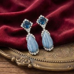 Vintage Blue Marbled Teardrop Crystal Earrings Sapphire Statement Estate Jewelry