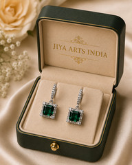 Art Deco 10.81CT Colombian Emerald Square Cut & White CZ Earrings Set For Girls.