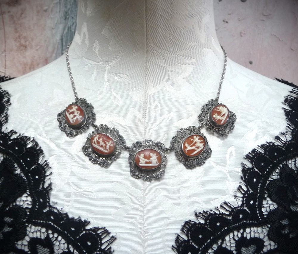 FABULOUS RARE ANTIQUE STERLING 800 SHELL CAMEO CANNETILLE CUPID CHARIOT NECKLACE