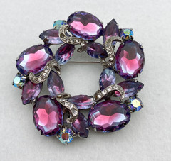 Juliana Wreath Watermelon Brooch Faceted Purple & Clear Rhinestone Silver-Tone