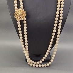 Faux Pearl Necklace Vtg Peach Beaded 8mm Knotted Dubarry Flower Clip 55″