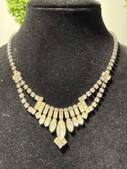 Vintage Rhinestone Statement Necklace Clear Crystal Drop Bib 14” Lot#1636