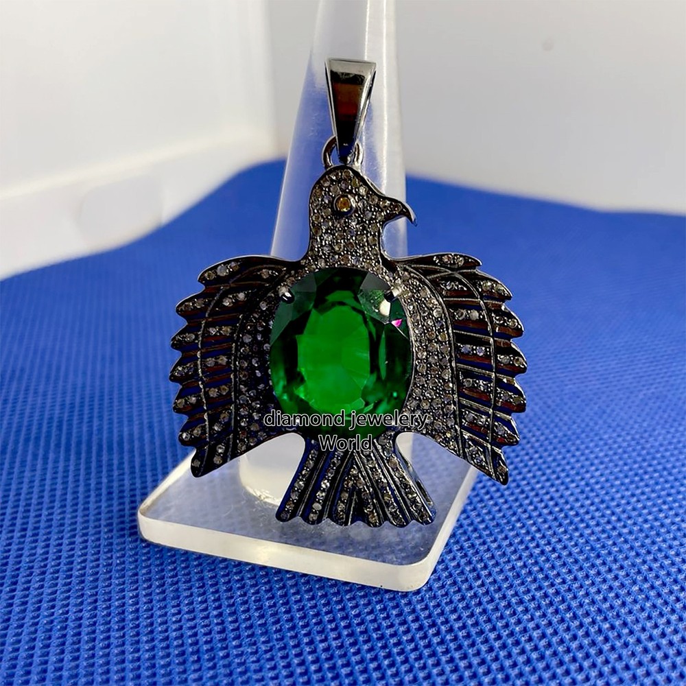 2.90ctw Rose Cut Diamond Emerald Silver Victorian Stunning Eagle Pendant Jewelry