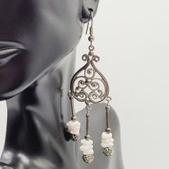 Southwestern Style Chandelier Silver Tone White Howlite Bead Pierced Earrings