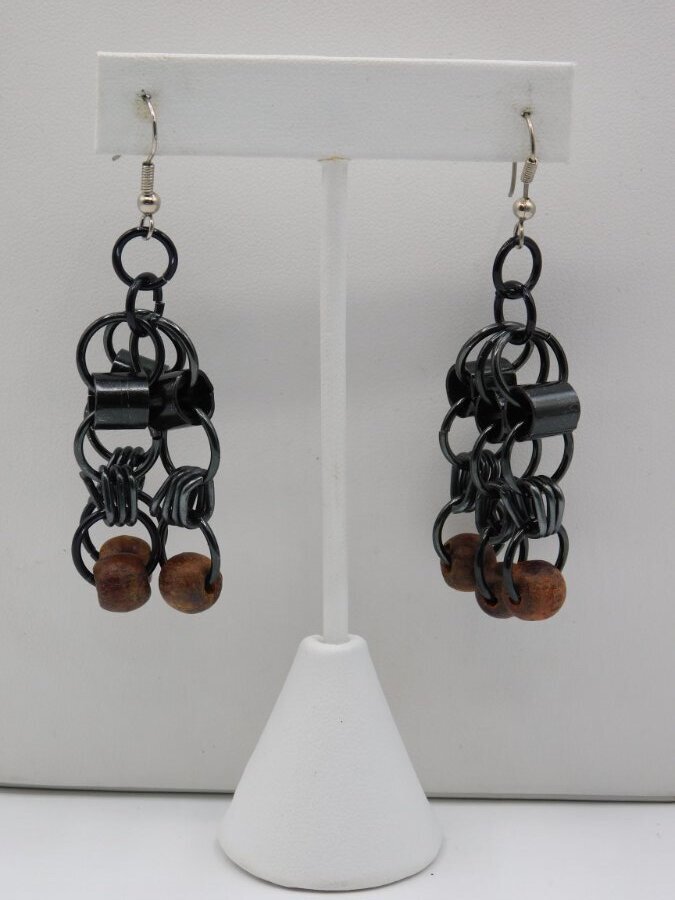 C341-VINTAGE PIERCED EARRINGS~METAL HOOPS/WOOD BEADS~INDUSTRIAL LOOK