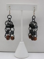 C341-VINTAGE PIERCED EARRINGS~METAL HOOPS/WOOD BEADS~INDUSTRIAL LOOK
