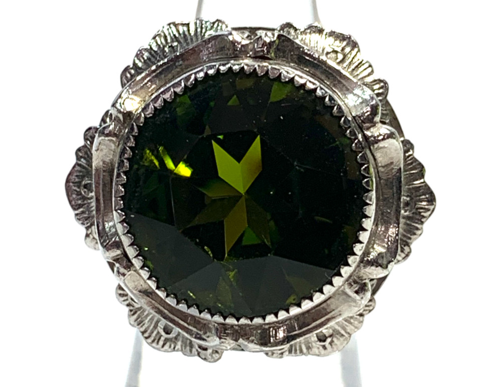 Whiting & Davis Green Rhinestone Ring Etched Festoon Floral Adjustable Size 8