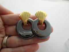 Vtg Black Hematite Hoop Stone Gold tone Door Knocker Earrings Interchangeable