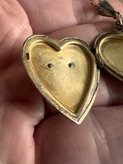Antique Heart Shaped Photo Locket Gold Over Sterling 19” Chain Read C3