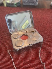 1920s Art Deco Enamel Compact Purse Mirror Powder Rouge Case w/ Chain Handle