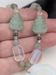 Vtg Sterling Silver Large Opalite Rose Flower Carved Jade Leaf Necklace