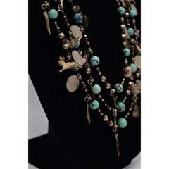 Vintage Beaded Charm Necklace Heavy Layered Turquoise Coin Antiqued Chunky BinBJ