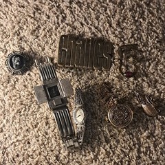 lot of pin, belt buckel and watches