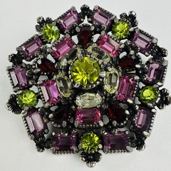 Hollycraft Copr 1954 Mulit-Color Glass Gem Rhinestones Bronze Tone 1.5” Vintage