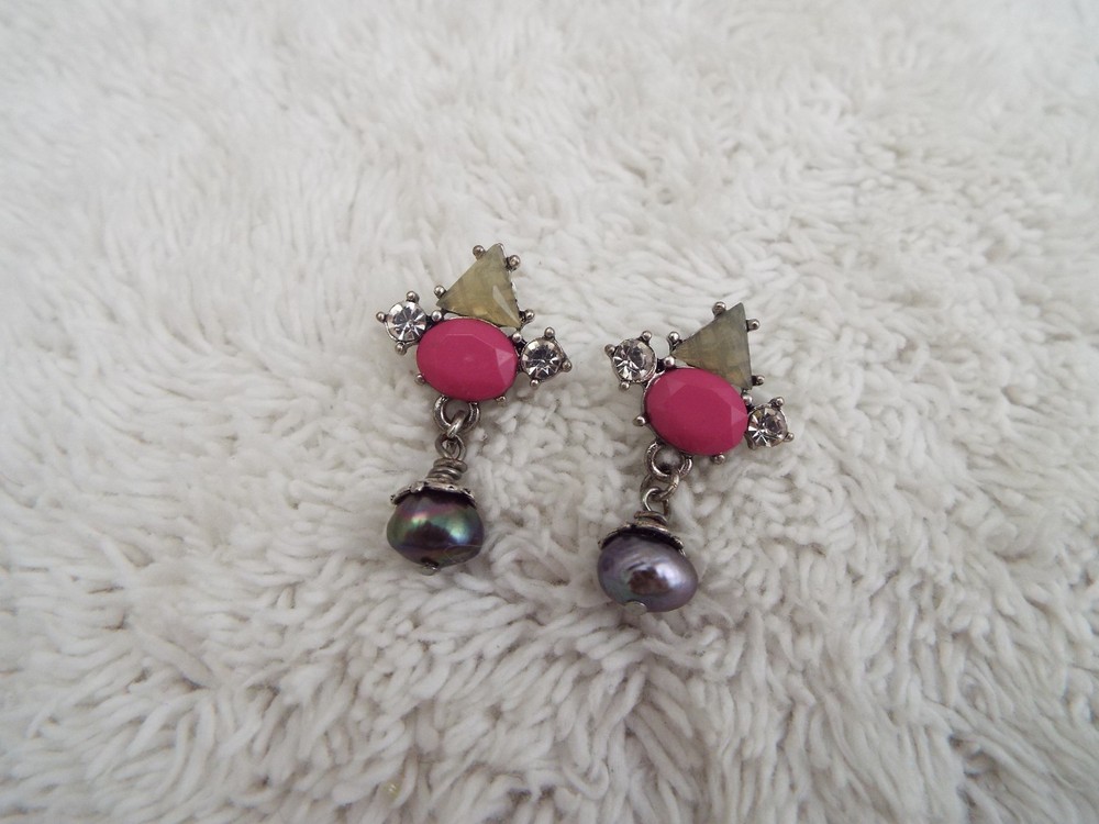 Silvertone Pink Yellow Bead Rhinestone Pearl Pierced Earrings (D41)