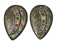 Antique Art Deco Bejeweled Metal Leaf Clip On Earrings | Appr 1.5″L & .75″W