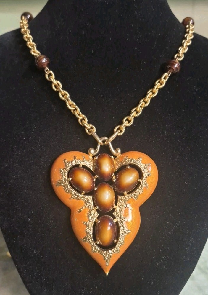 Vintage SIGNED JOMAZ Statement Pendant Gold Tone Necklace Faux Tortoise Cabochon