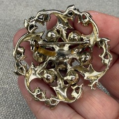 Vintage Floral Brooch Gold Tone Green Clear Rhinestones Open Work 2 Inches