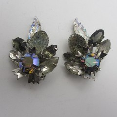 Vintage Judy Lee Earrings Rhinestone Climber Molded Glass AB Silver Tone Clip On