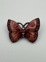 Pink Red Rhinestone Beaded Bronze Colored Butterfly Pin Brooch Missing 1 Bead