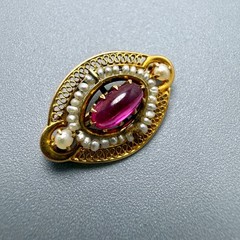 Antique 10K yellow gold red stone & seed pearl brooch pin 2.0 grams