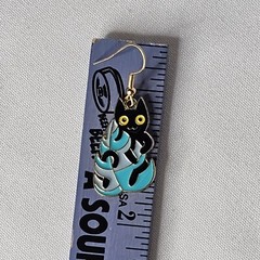 Enamel Black Cat Dangle Earrings Kitten In Your Fern House Plant Gold Tone Hooks