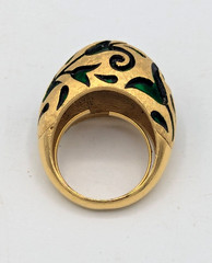 Vintage Crown Trifari L Orient Dome Ring Green Enamel Tulip Gold Tone Cocktail