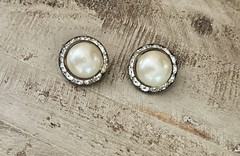 Vintage Pearl Clear Crystal Round Stud Button Cabochon Clip On Earrings 3/4”