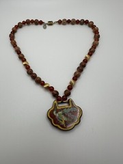 VNT Les Bernard Sterling Silver Jasper Carnelian Cloisonne Bird Necklace JB19