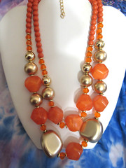Orange Lucite Beads Necklace Double Strand Gold Orange Acrylic Beads Necklace