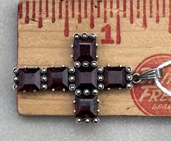 Vintage German 935 Silver Bohemian Garnet Cross Pendant Art Deco w/ Marcasite ￼