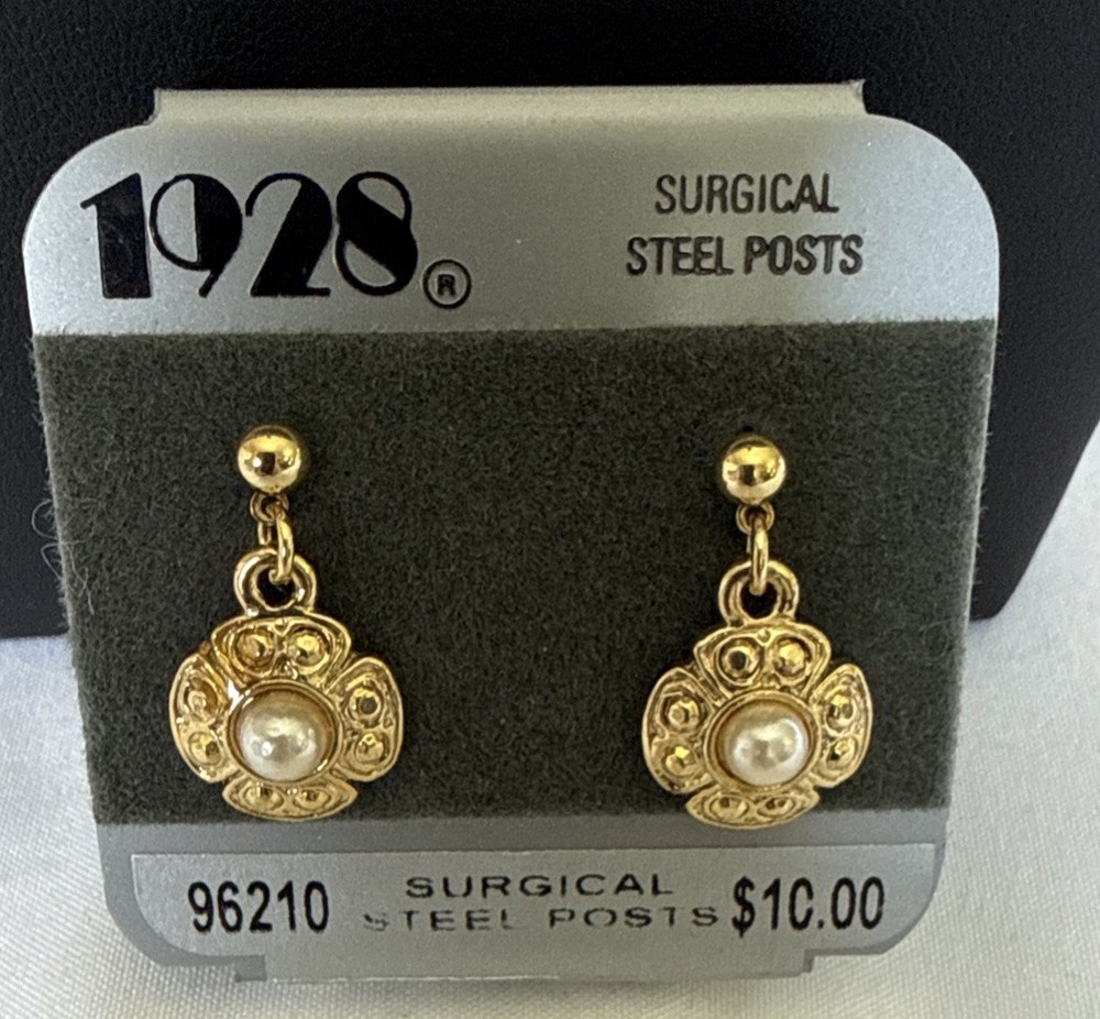 VTG 1928 Earrings Faux Pearl Metal Dangle Pierced Post Back Gold Tone