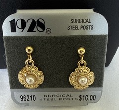 VTG 1928 Earrings Faux Pearl Metal Dangle Pierced Post Back Gold Tone
