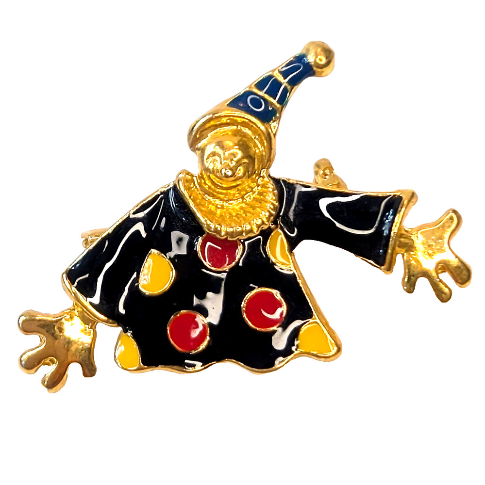 Vintage Enamel Clown Brooch Pin 1970s–1990s Multi-Color Polka Dot Gold-Tone