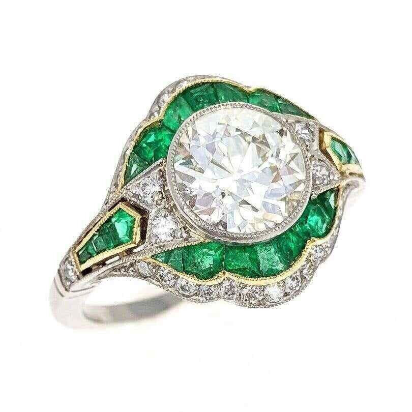 Art Deco Style 2.90 Ct Lab-Created Diamond & Emerald Wedding Ring In 925 Silver